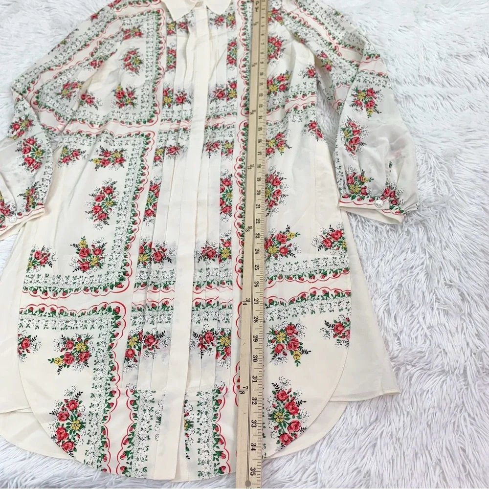 Tory Burch long sleeve‎ pleated garden veil floral silk shirt dress in cream